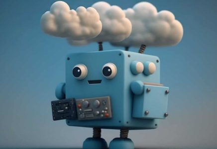 Un robot bleu avec des nuages sur la tête.