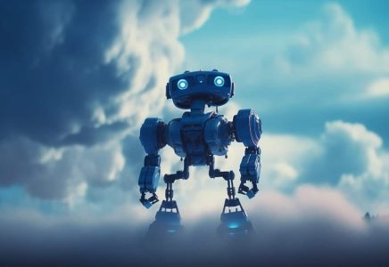 A blue robot standing in the clouds.