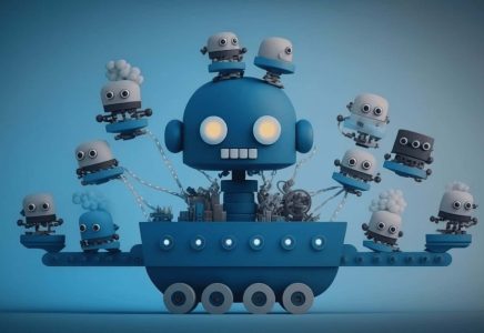 Un bateau robot bleu avec plein de petits robots dessus.