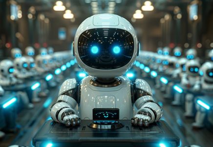 A robot with a large head and glowing blue eyes stands in the foreground, showcasing the best CRM automation capabilities, with rows of identical robots stretching into the background.