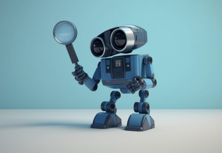 A robot holding a magnifying glass on a blue background.